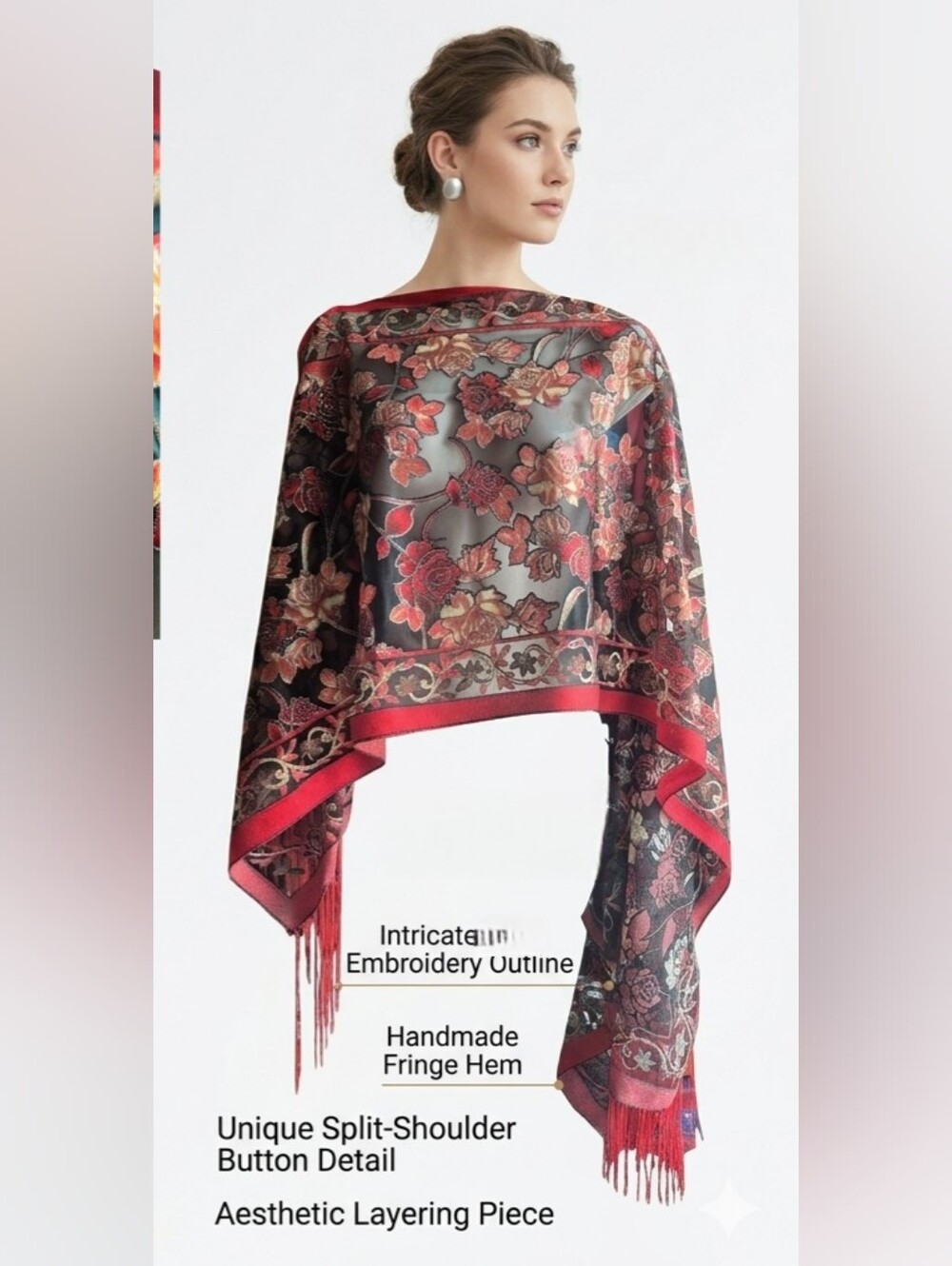 NWOT Red Floral Mesh Poncho Top/Shrug with Fringe Trim